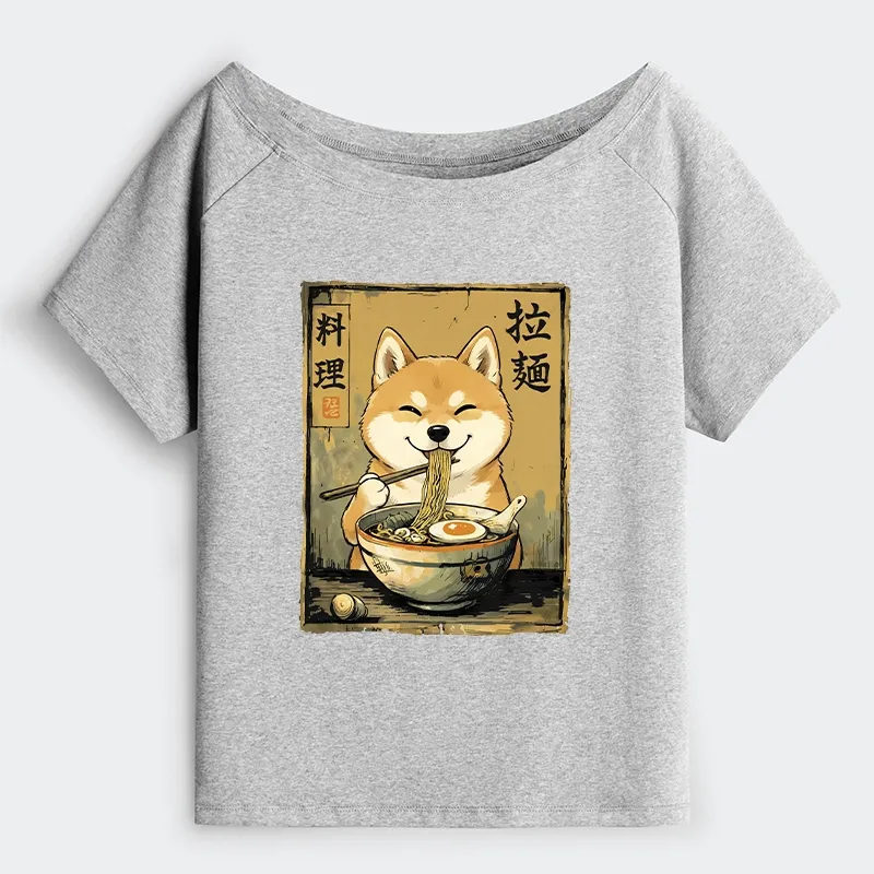 Tokyo-Tiger Happy Shiba Eating Ramen Off Shoulder T-Shirt