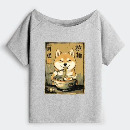 Tokyo-Tiger Happy Shiba Eating Ramen Off Shoulder T-Shirt