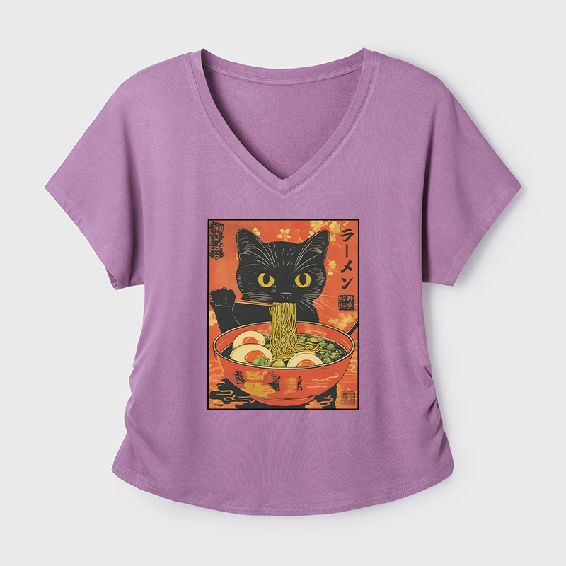 Tokyo-Tiger Hungry Black Cat Loves Ramen Modal Dolman Sleeve T-Shirt