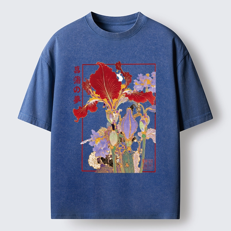 Tokyo-Tiger Antique Japanese Iris Flower Painting Washed T-Shirt