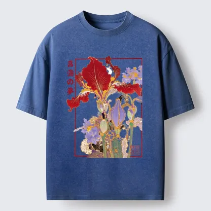 Tokyo-Tiger Antique Japanese Iris Flower Painting Washed T-Shirt