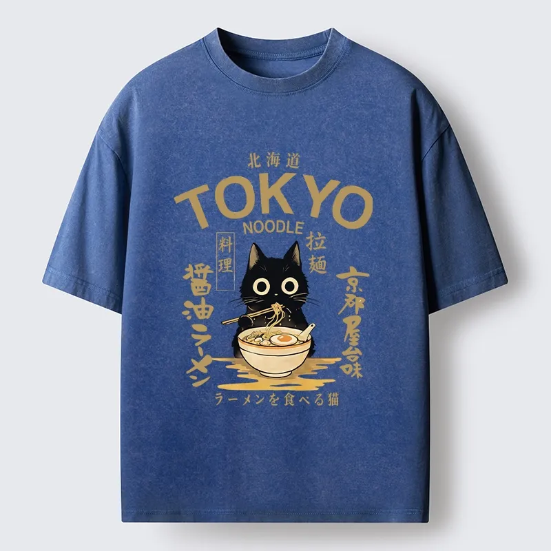 Tokyo-Tiger Black Cat Enjoys Warm Ramen Bowl Washed T-Shirt