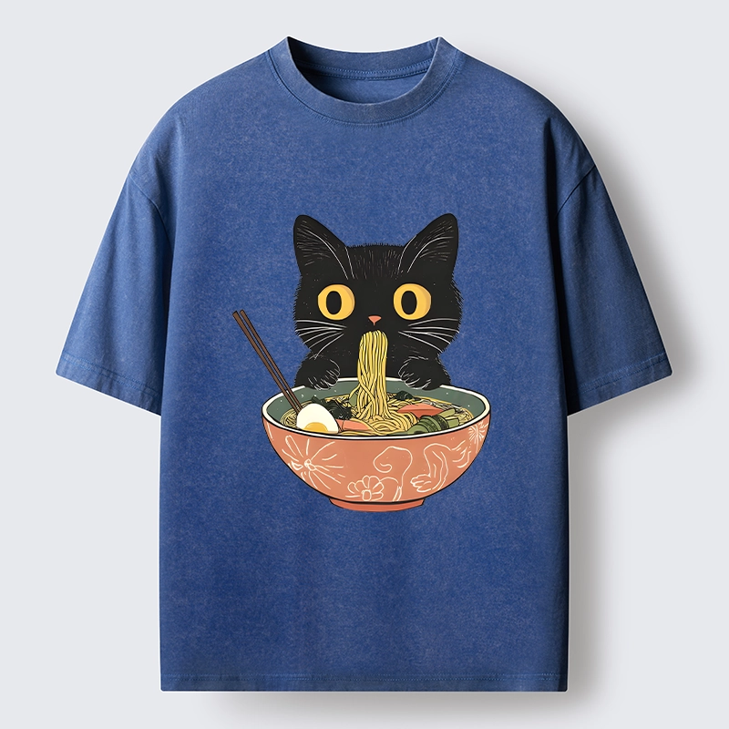 Tokyo-Tiger Black Cat Focused On Ramen Feast Washed T-Shirt