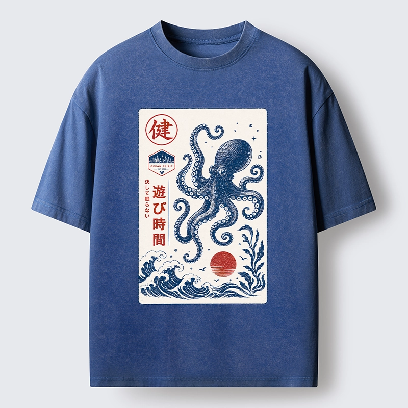 Tokyo-Tiger Octopus Swims In Wild Ocean Waves Washed T-Shirt