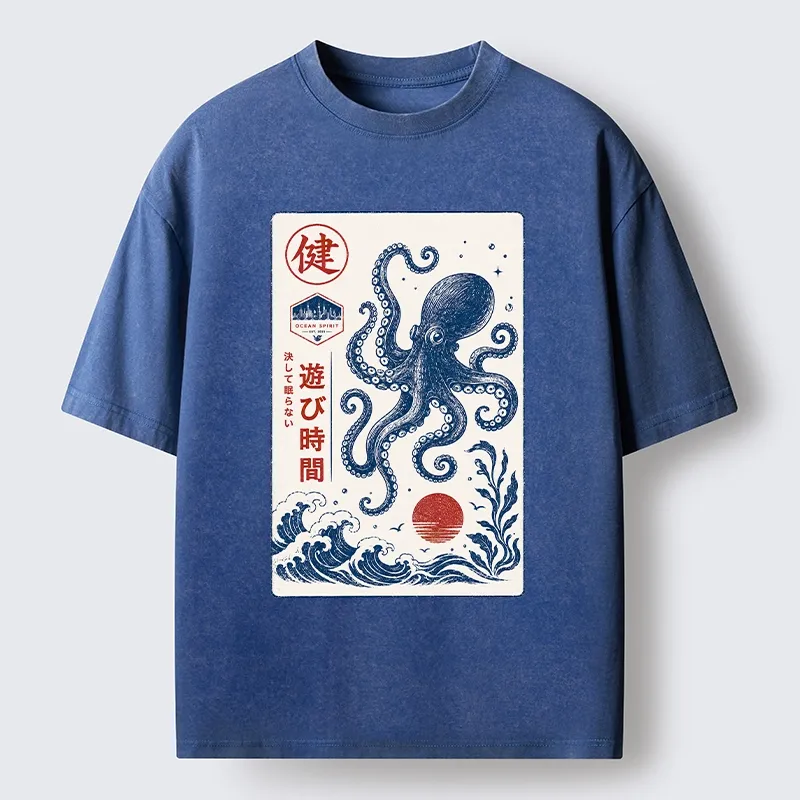 Tokyo-Tiger Octopus Swims In Wild Ocean Waves Washed T-Shirt