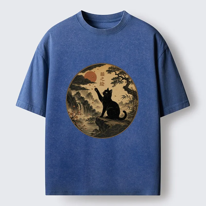 Tokyo-Tiger Serene Nature Scene Of Curious Ink Black Cat Washed T-Shirt