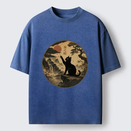 Tokyo-Tiger Serene Nature Scene Of Curious Ink Black Cat Washed T-Shirt