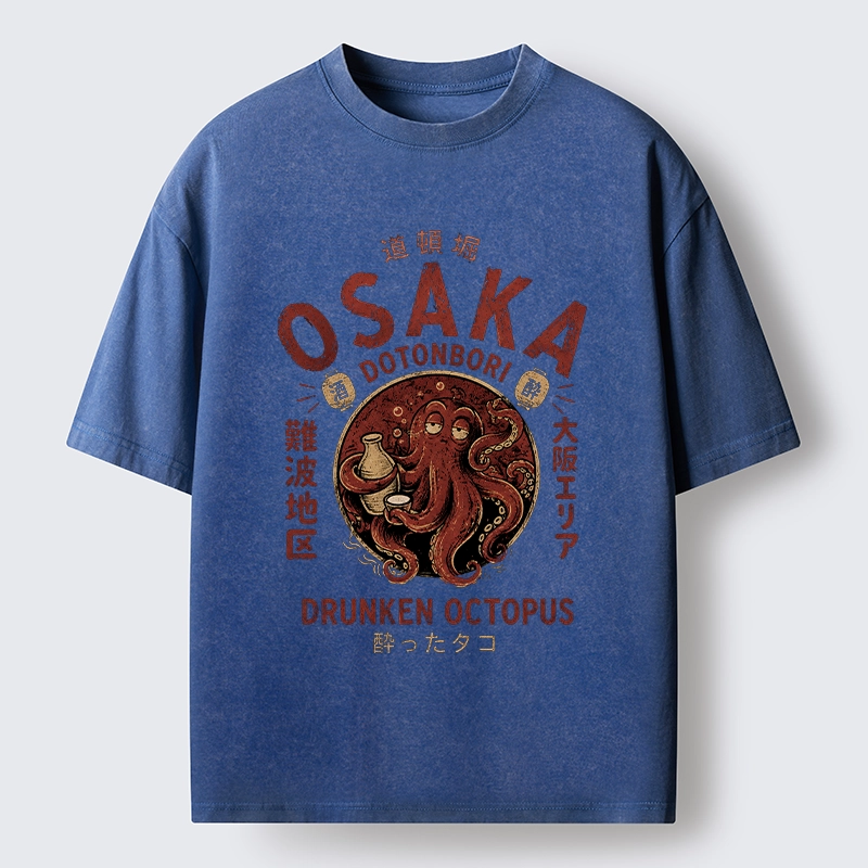 Tokyo-Tiger Osaka Artwork Of Wine Drunk Octopus Washed T-Shirt