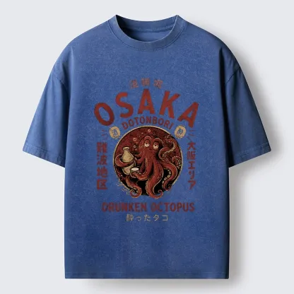 Tokyo-Tiger Osaka Artwork Of Wine Drunk Octopus Washed T-Shirt