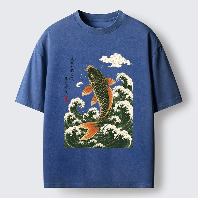 Tokyo-Tiger Japanese Koi Ascends Over Foamy Sea Waves Washed T-Shirt