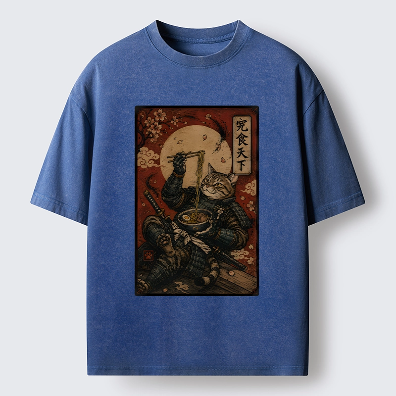 Tokyo-Tiger Bushido Cat Takes A Cozy Ramen Break Washed T-Shirt