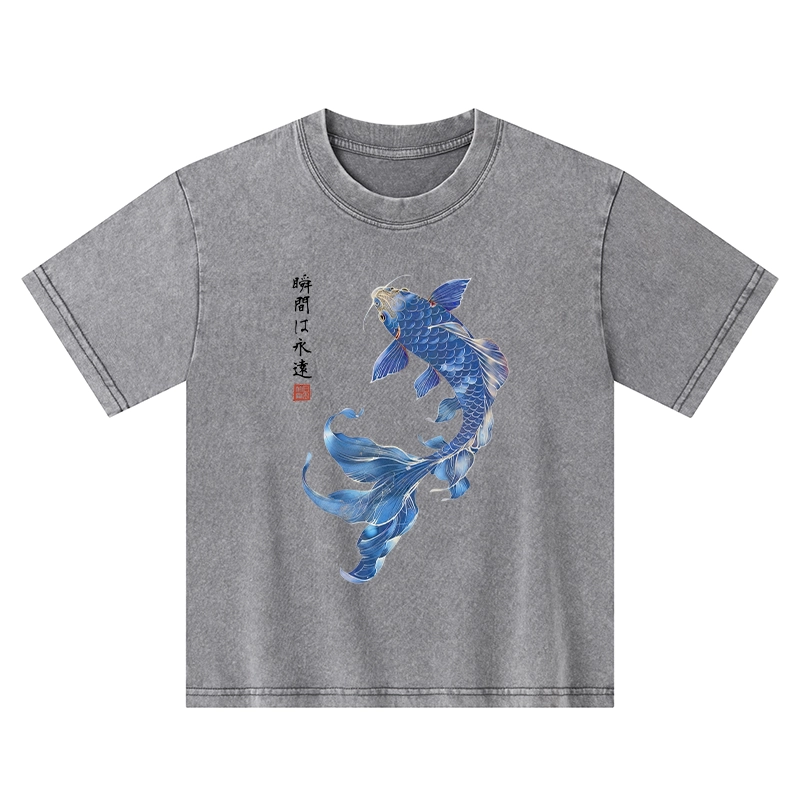 Tokyo-Tiger Lucky Blue Koi Fish Art Kids Washed T-Shirt