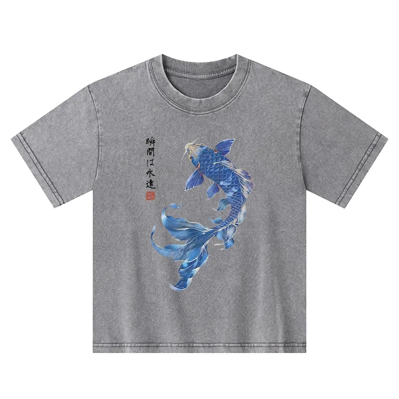 Tokyo-Tiger Lucky Blue Koi Fish Art Kids Washed T-Shirt
