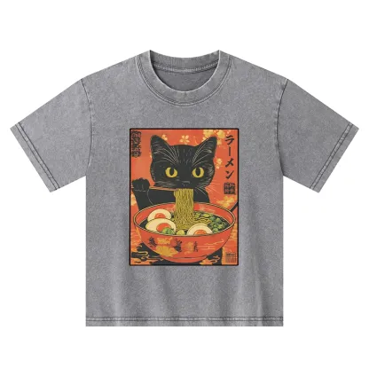 Tokyo-Tiger Hungry Black Cat Loves Ramen Kids Washed T-Shirt