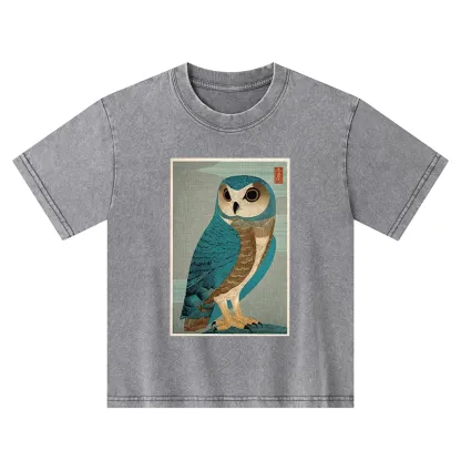 Tokyo-Tiger Vintage Owl Woodblock Art Kids Washed T-Shirt