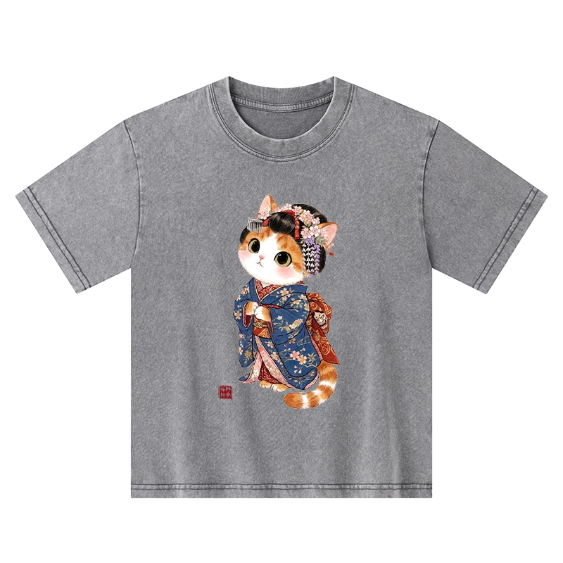 Tokyo-Tiger Cat Dressed As A Geisha Funny Kids Washed T-Shirt