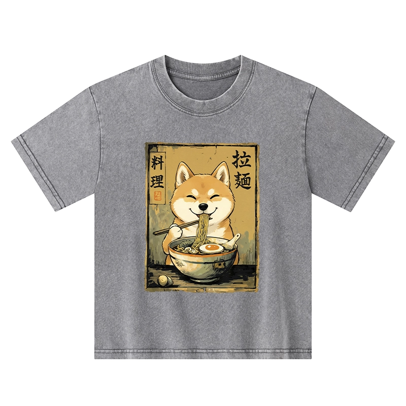 Tokyo-Tiger Happy Shiba Eating Ramen Kids Washed T-Shirt