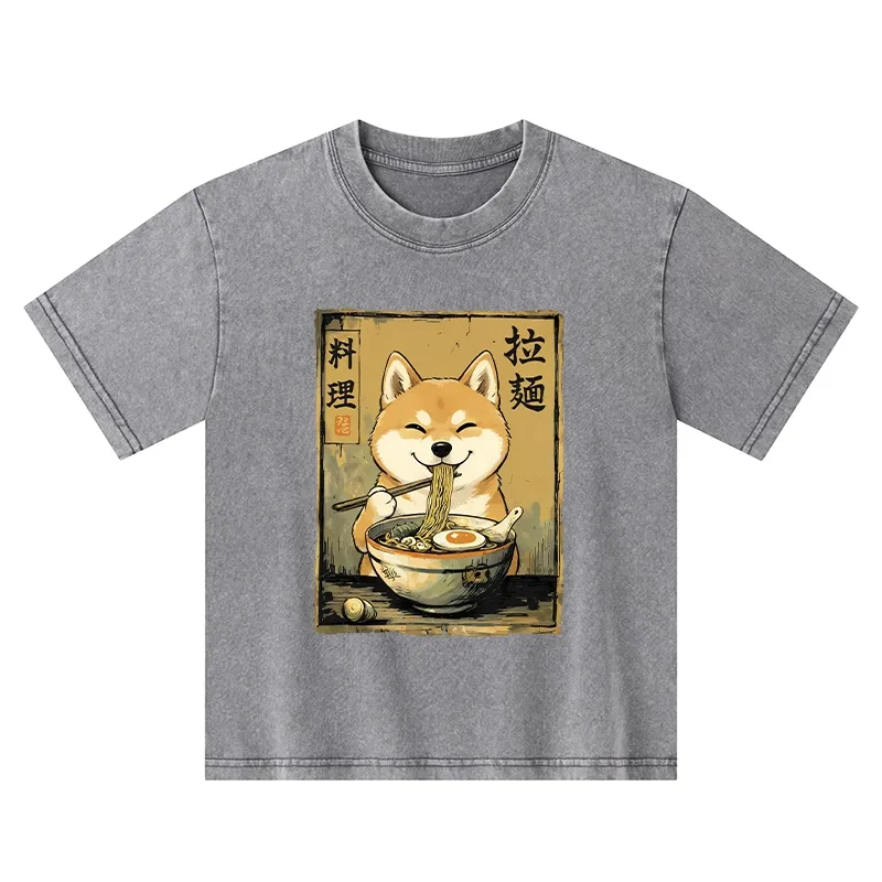 Tokyo-Tiger Happy Shiba Eating Ramen Kids Washed T-Shirt