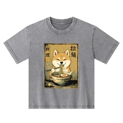 Tokyo-Tiger Happy Shiba Eating Ramen Kids Washed T-Shirt