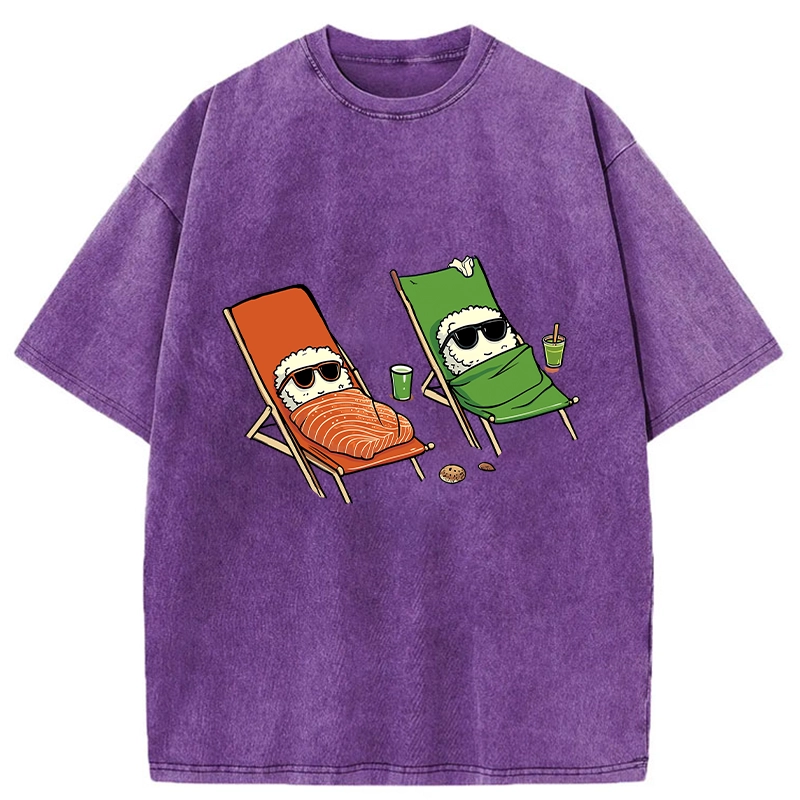Tokyo-Tiger Funny Sushi Sunbathing Washed T-Shirt