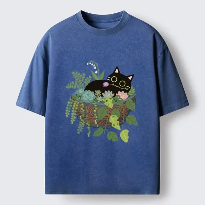 Tokyo-Tiger Cat Relaxing Inside Flower Pot Washed T-Shirt