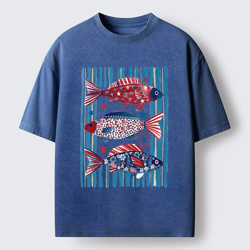 Tokyo-Tiger Vibrant Independence Day Star Decorated Fish Washed T-Shirt