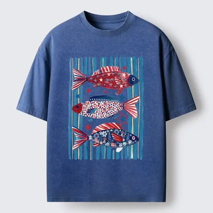 Tokyo-Tiger Vibrant Independence Day Star Decorated Fish Washed T-Shirt