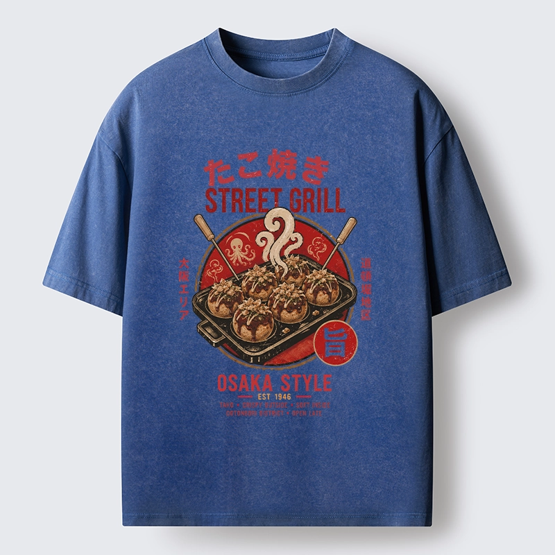 Tokyo-Tiger Osaka Takoyaki Street Grill Art Washed T-Shirt