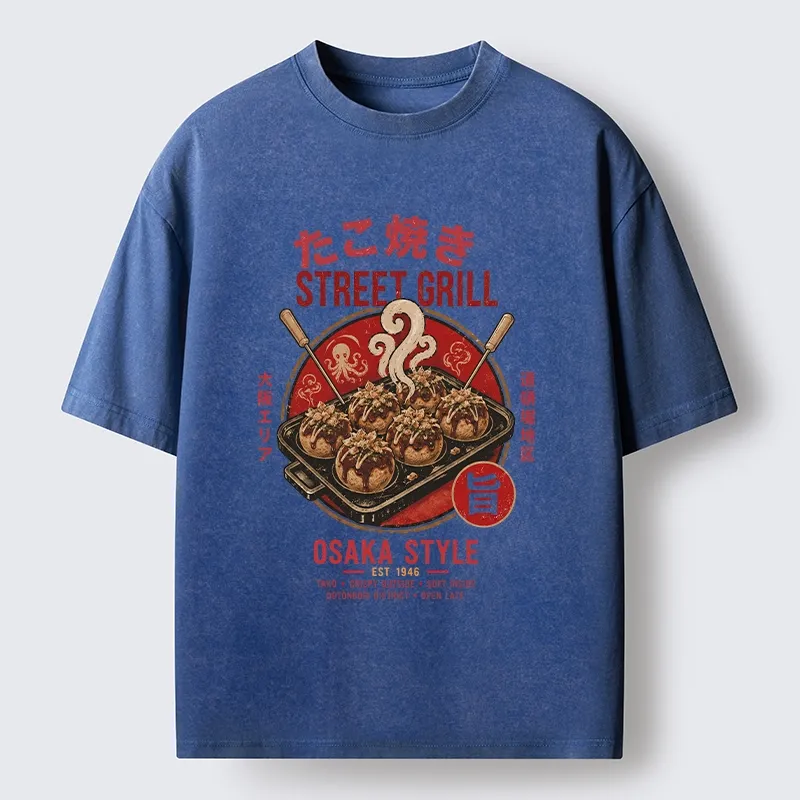 Tokyo-Tiger Osaka Takoyaki Street Grill Art Washed T-Shirt