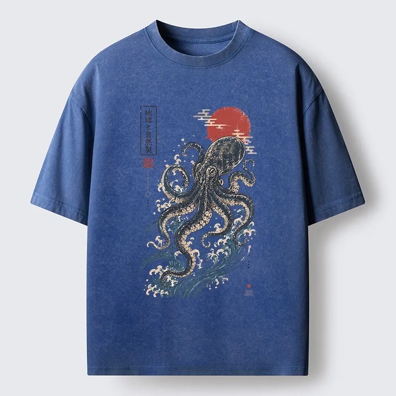 Tokyo-Tiger Traditional Japanese Wave Red Sun Octopus Washed T-Shirt