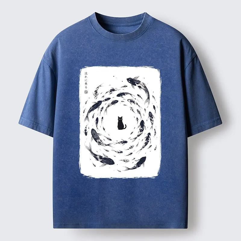 Tokyo-Tiger Traditional Japanese Carp Circle Cat Washed T-Shirt