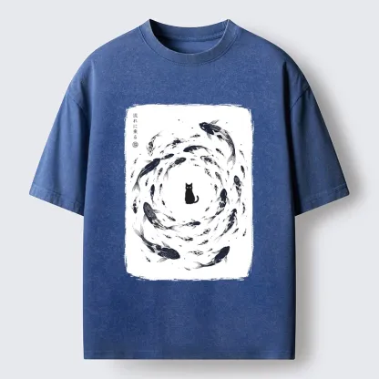 Tokyo-Tiger Traditional Japanese Carp Circle Cat Washed T-Shirt