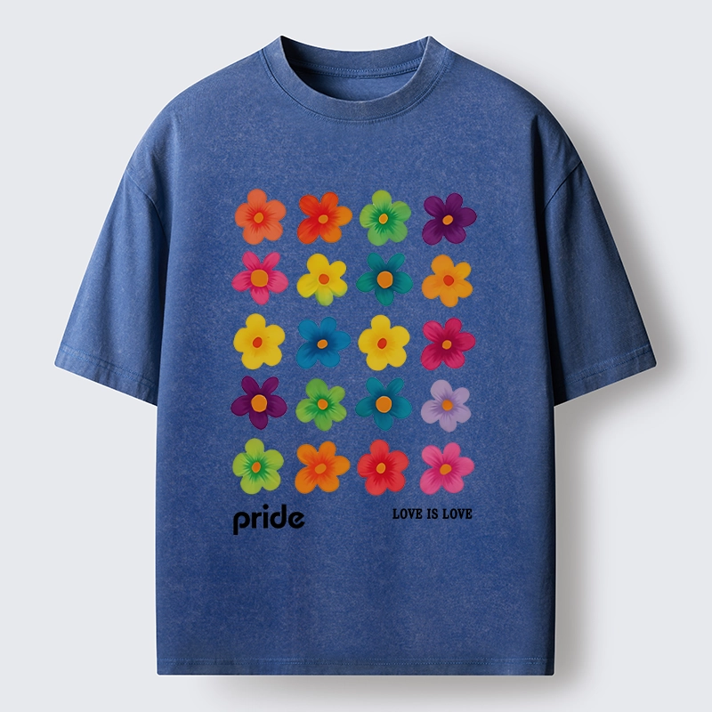 Tokyo-Tiger Colorful Flower Grid For Pride Month Washed T-Shirt