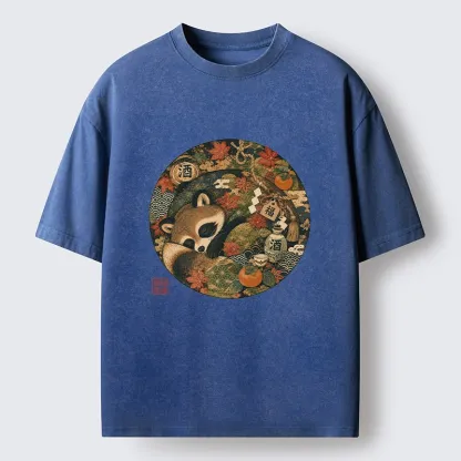 Tokyo-Tiger Sleepy Raccoon Enjoys Autumn Sake Break Washed T-Shirt