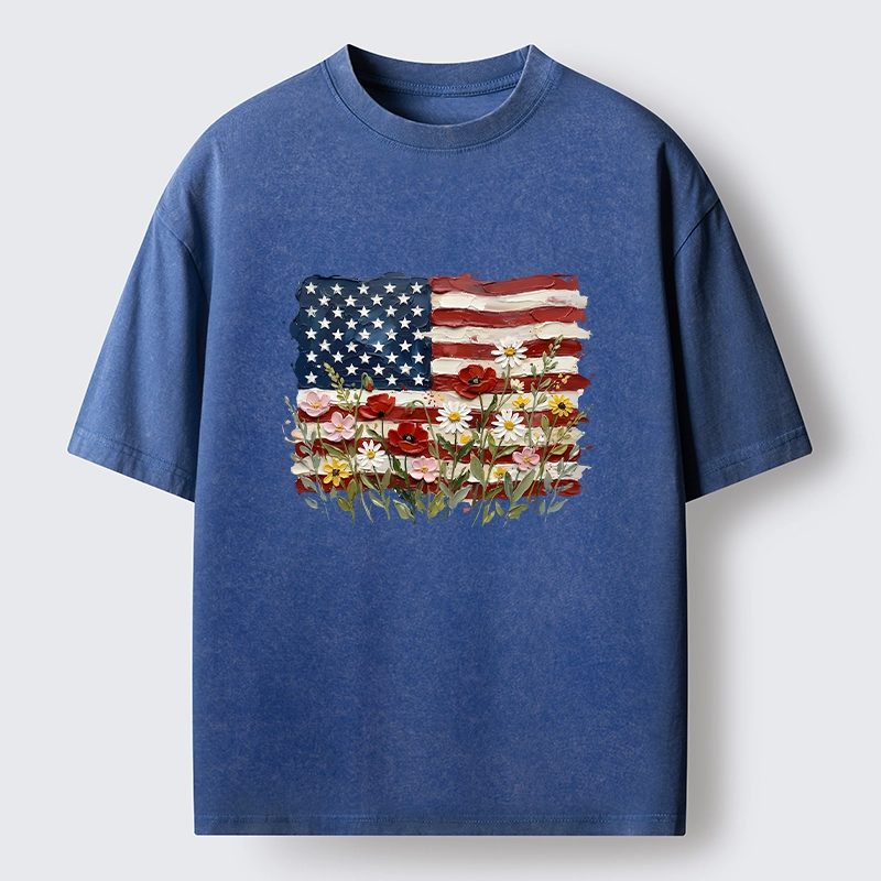 Tokyo-Tiger Floral Accents On Textured Flag Art Washed T-Shirt