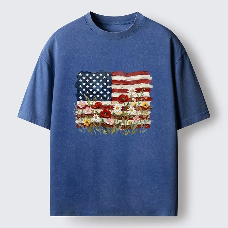 Tokyo-Tiger Floral Accents On Textured Flag Art Washed T-Shirt