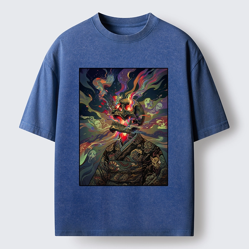 Tokyo-Tiger Colorful Flame Spirits Around Dead Head Washed T-Shirt