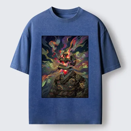 Tokyo-Tiger Colorful Flame Spirits Around Dead Head Washed T-Shirt