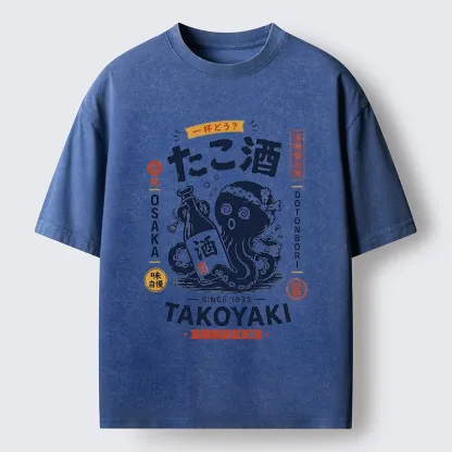 Tokyo-Tiger Vintage Bar Art With Sake Loving Octopus Washed T-Shirt