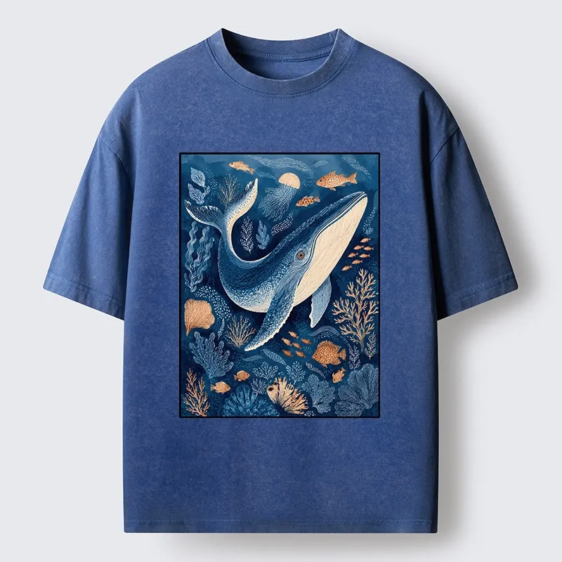 Tokyo-Tiger Blue Whale Under The Sea Washed T-Shirt