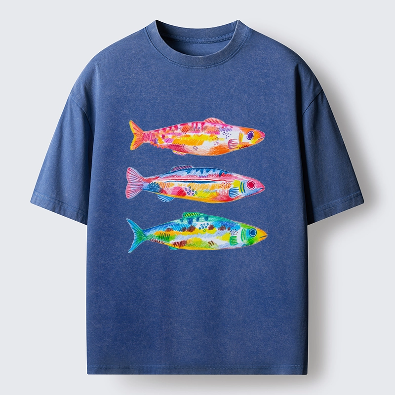 Tokyo-Tiger Colorful Hand Drawn Fish Washed T-Shirt