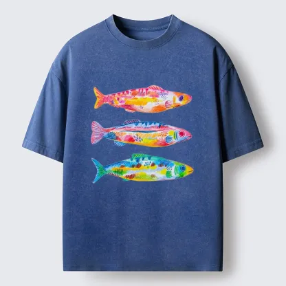 Tokyo-Tiger Colorful Hand Drawn Fish Washed T-Shirt