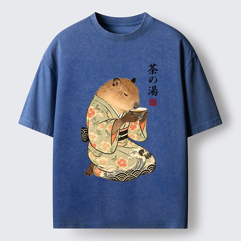 Tokyo-Tiger Capybara Drinking Tea In Kimono Washed T-Shirt