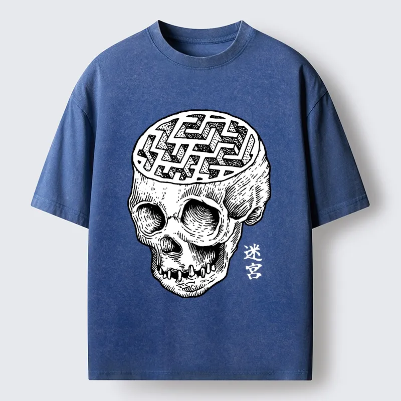 Tokyo-Tiger Skull With Brain Maze Washed T-Shirt