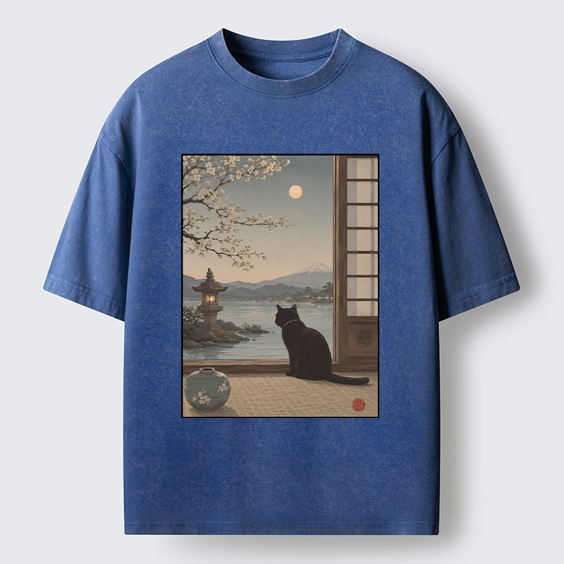 Tokyo-Tiger Black Cat Watching Mount Fuji At Night Washed T-Shirt