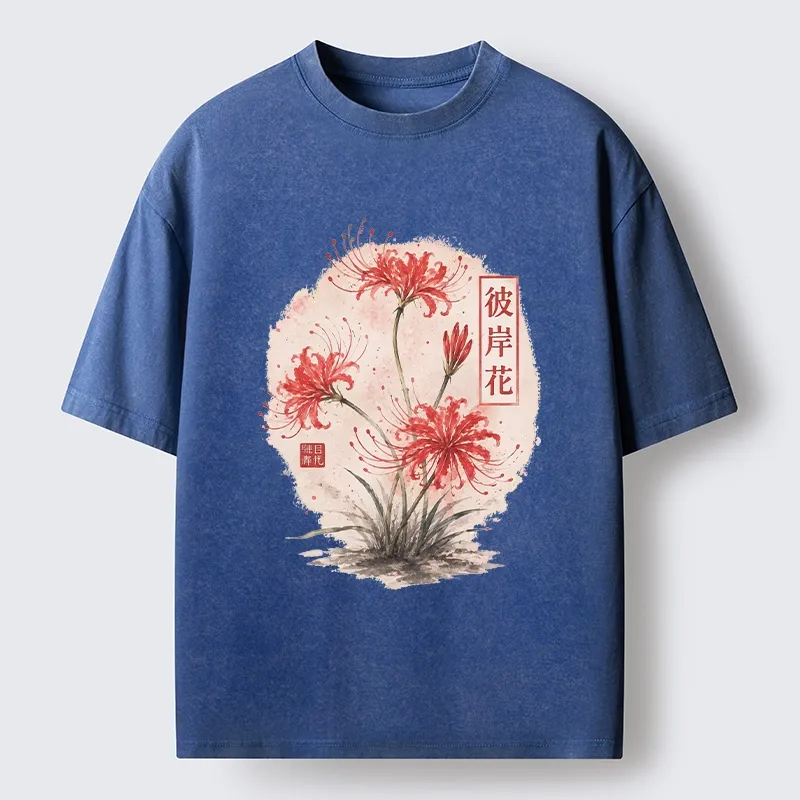 Tokyo-Tiger Red Spider Lily Watercolor Painting Washed T-Shirt