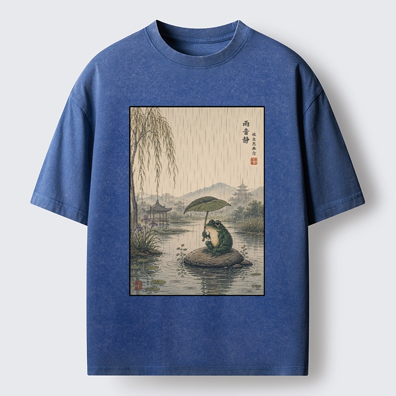Tokyo-Tiger Frog Holding Lotus Leaf In The Rain Washed T-Shirt