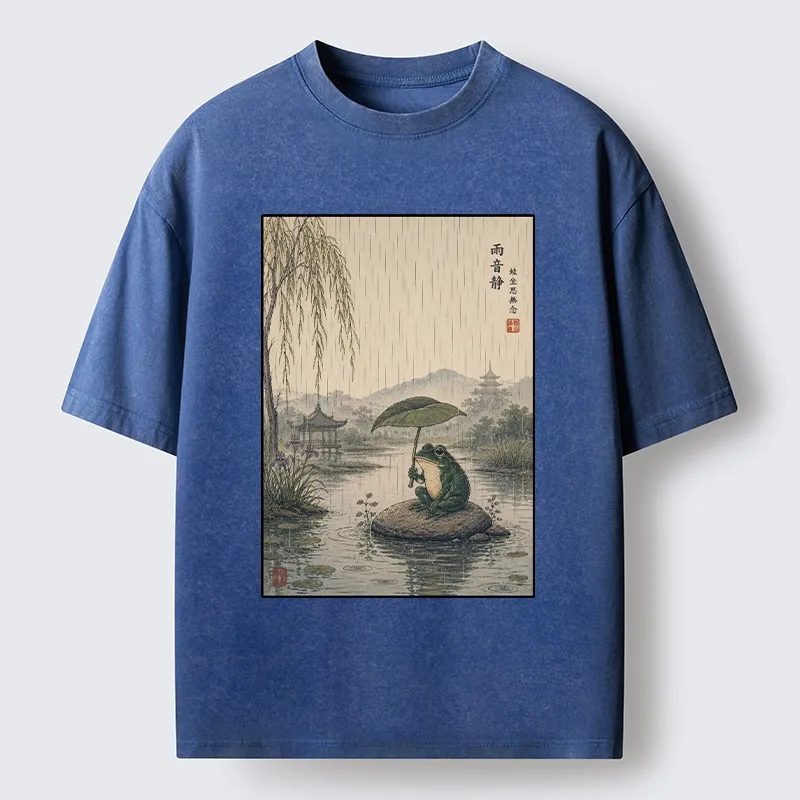 Tokyo-Tiger Frog Holding Lotus Leaf In The Rain Washed T-Shirt