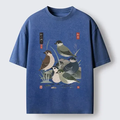 Tokyo-Tiger Cute Little Birds Japanese Folk Print Washed T-Shirt