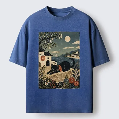 Tokyo-Tiger Sleepy Cat In A Coastal Town Washed T-Shirt